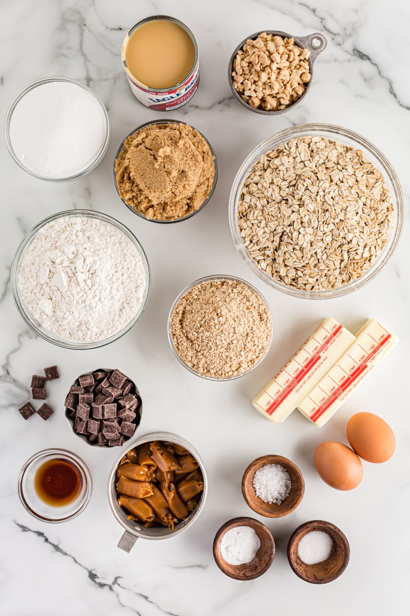 Overhead view of salty cashew caramel bar ingredients