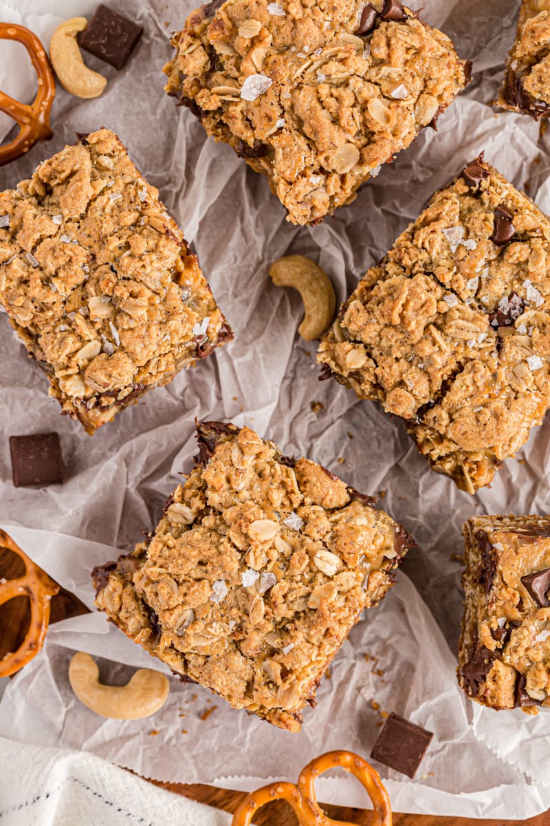 Overhead view of salty cashew caramel bars