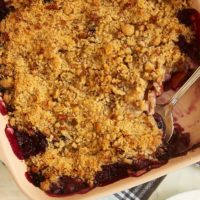 overhead view of Blueberry Peach Crisp in a baking dish