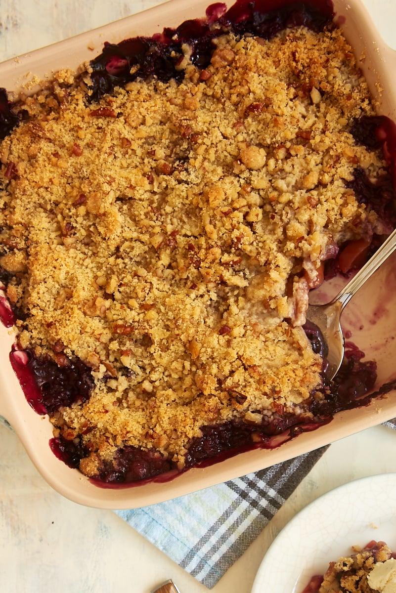 overhead view of Blueberry Peach Crisp in a baking dish