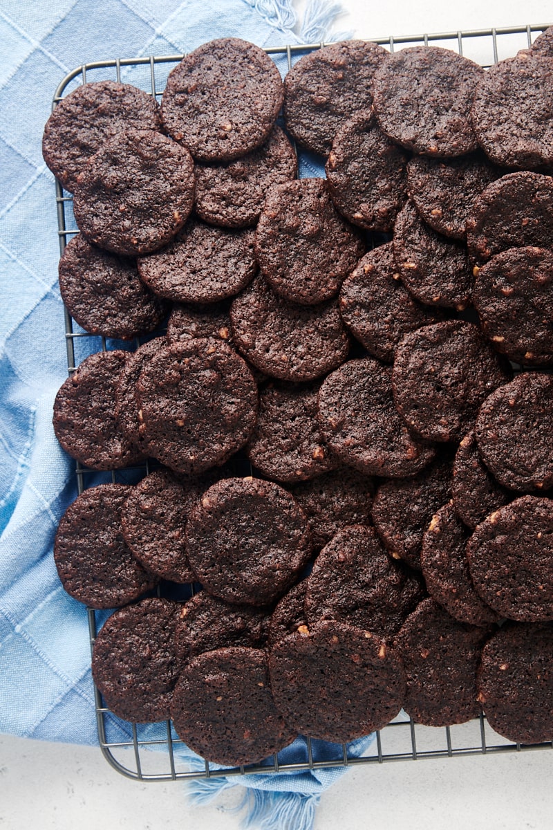 Chewy chocolate cookies on cooling rack