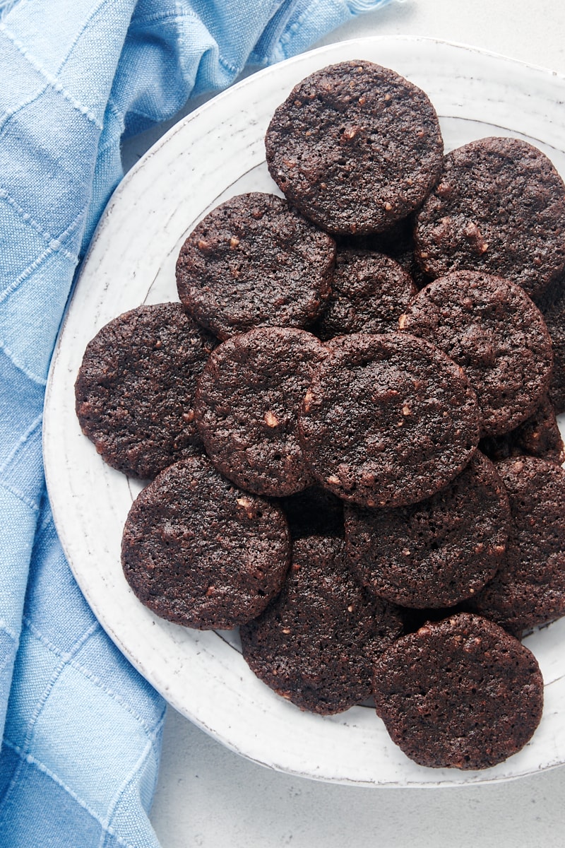 Overhead view of chewy chocolate cookies on platter