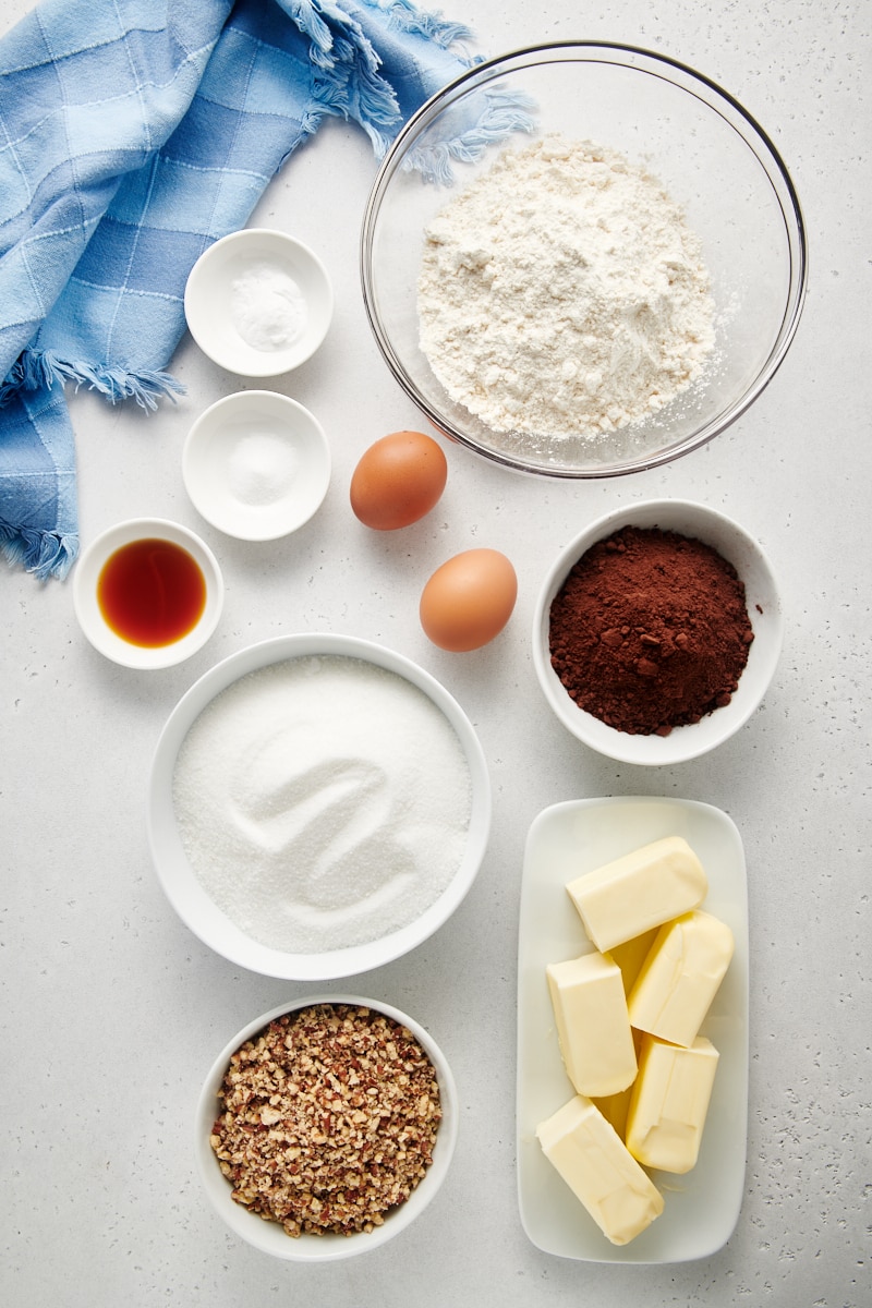 Overhead view of ingredients for chewy chocolate cookies