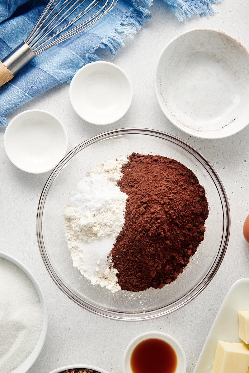 Dry cookie ingredients in glass bowl before whisking