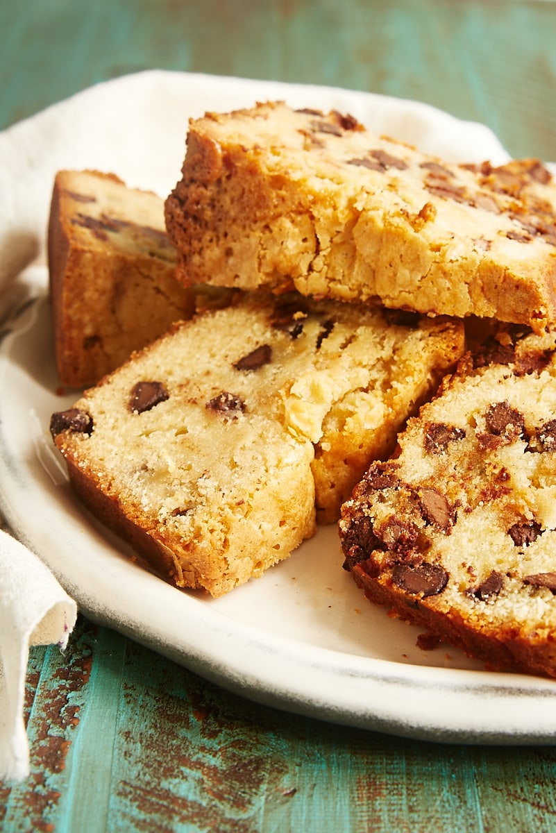 slices of Chocolate Chip Cream Cheese Pound Cake on a white plate