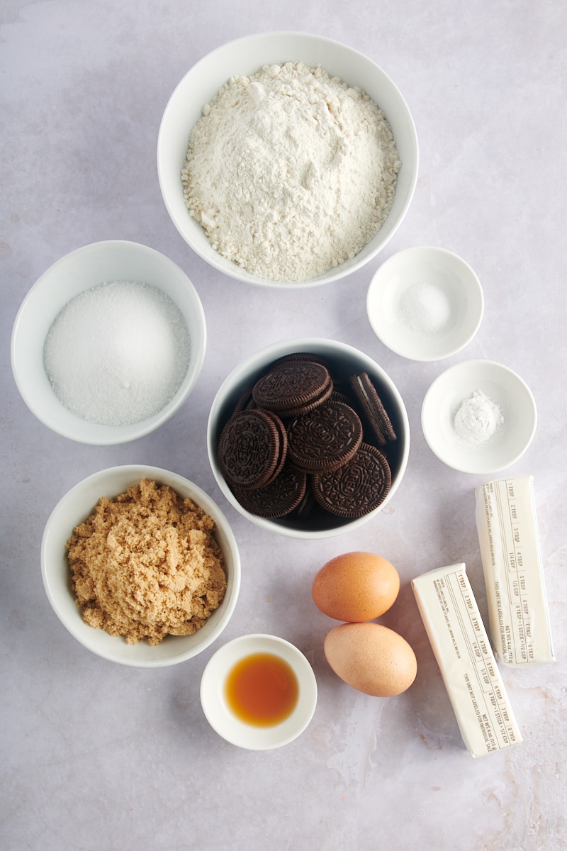 overhead view of ingredients for Cookies and Cream Blondies