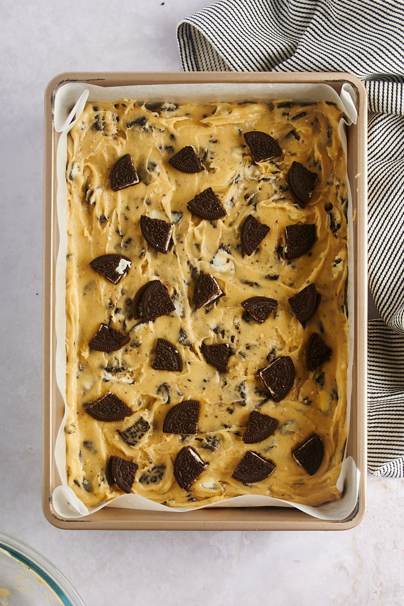 overhead view of Cookies and Cream Blondies ready to go in the oven