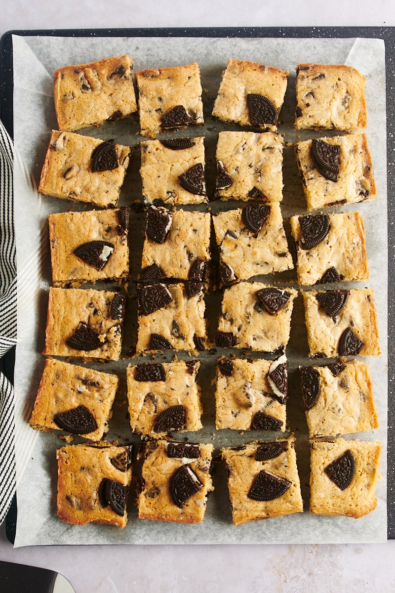 overhead view of Cookies and Cream Blondies cut into bars