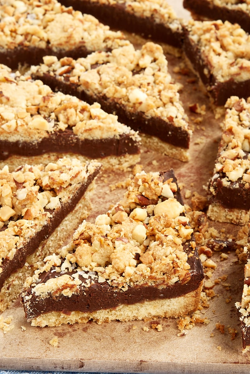 Fudgy Nutty Streusel Bars arranged on a cutting board