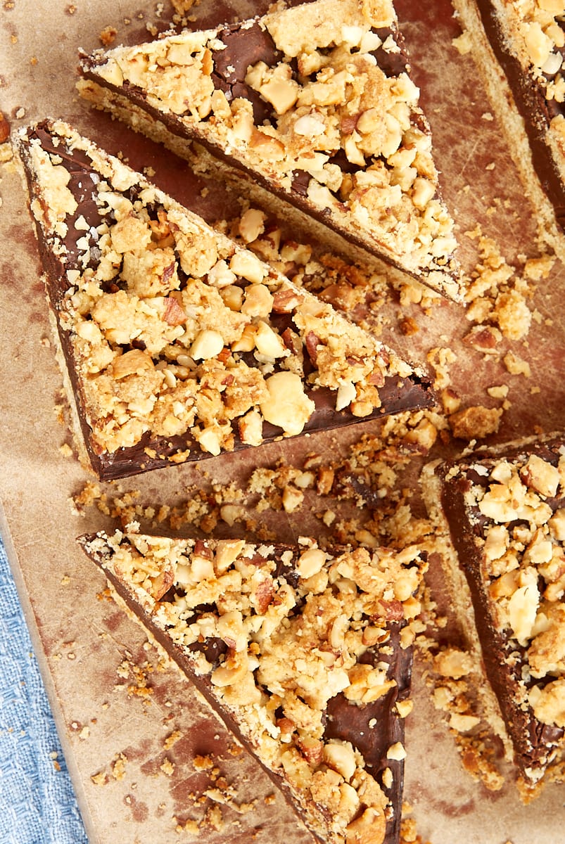overhead view of Fudgy Nutty Streusel Bars on a cutting board