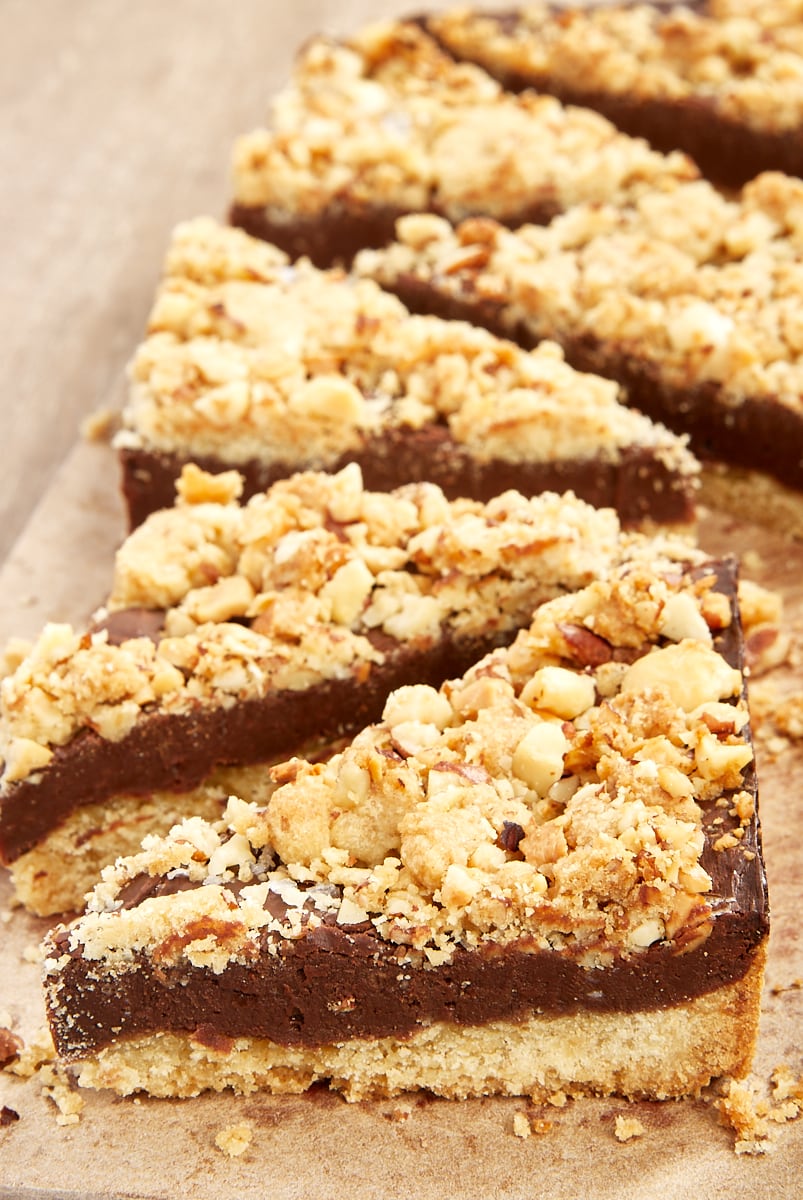 sliced Fudgy Nut Bars on a cutting board