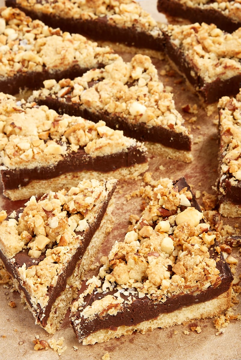 sliced Fudgy Nutty Streusel Bars on a cutting board