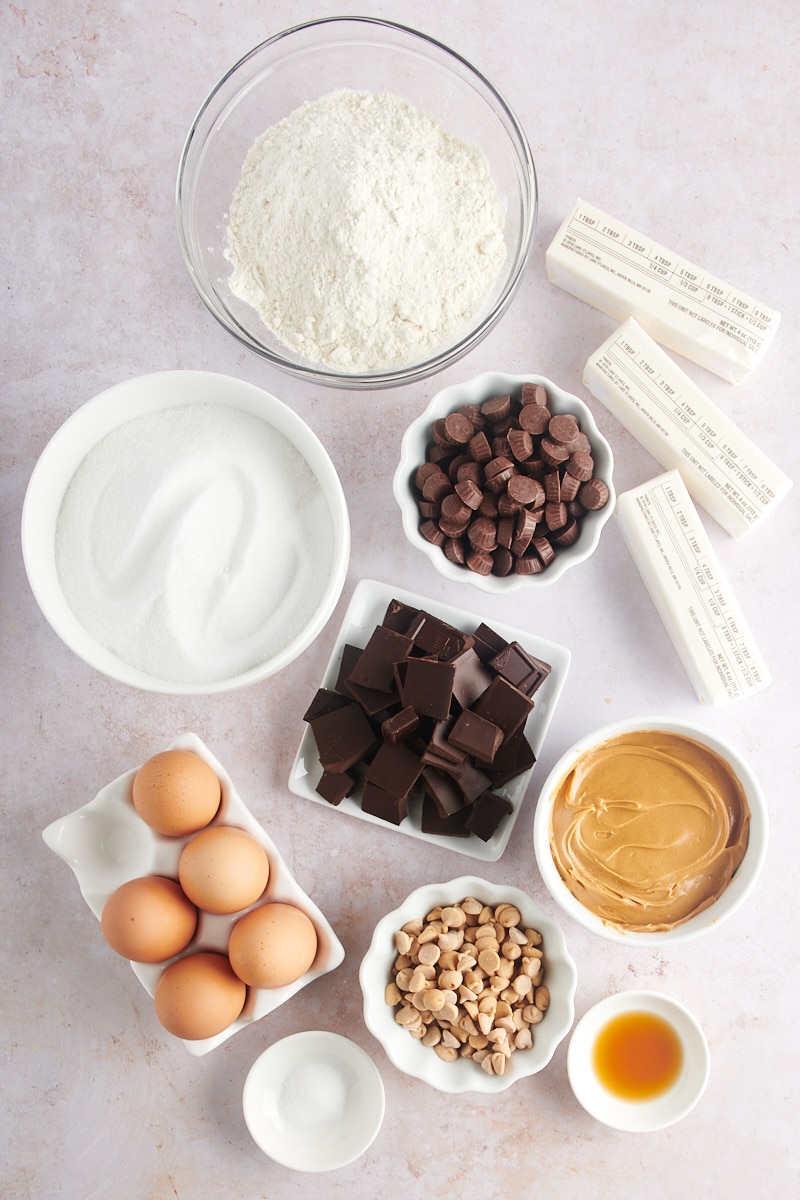 Overhead view of peanut butter brownie ingredients