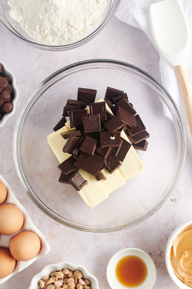 Overhead view of butter and chocolate in glass bowl