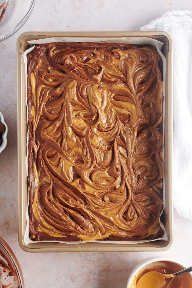 Overhead view of peanut butter brownies before topping