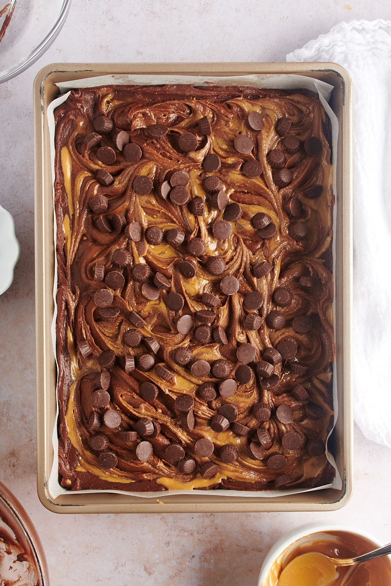 Overhead view of unbaked peanut butter brownies