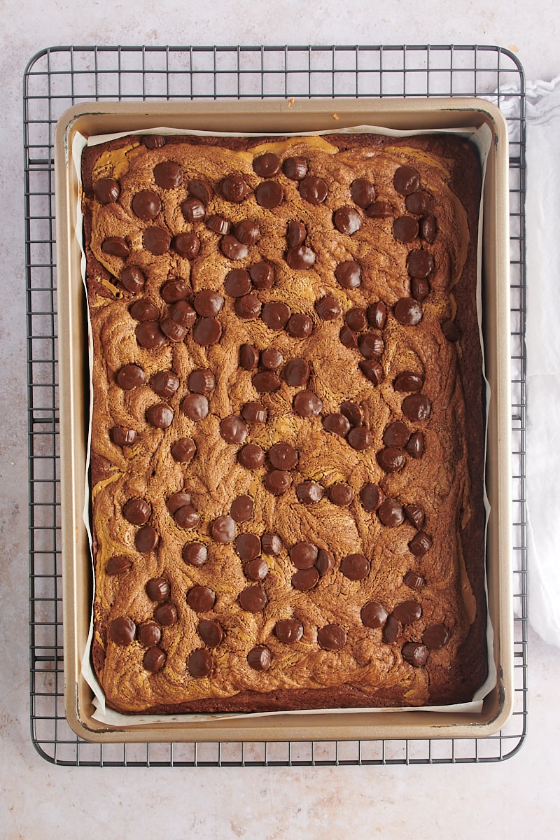 Overhead view of peanut butter brownies in pan on wire rack