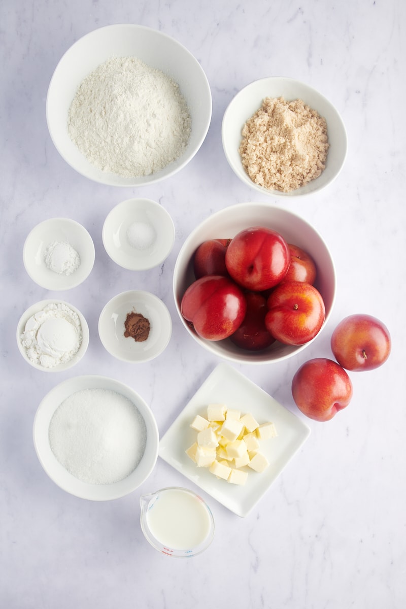 overhead view of ingredients for Plum Cobbler