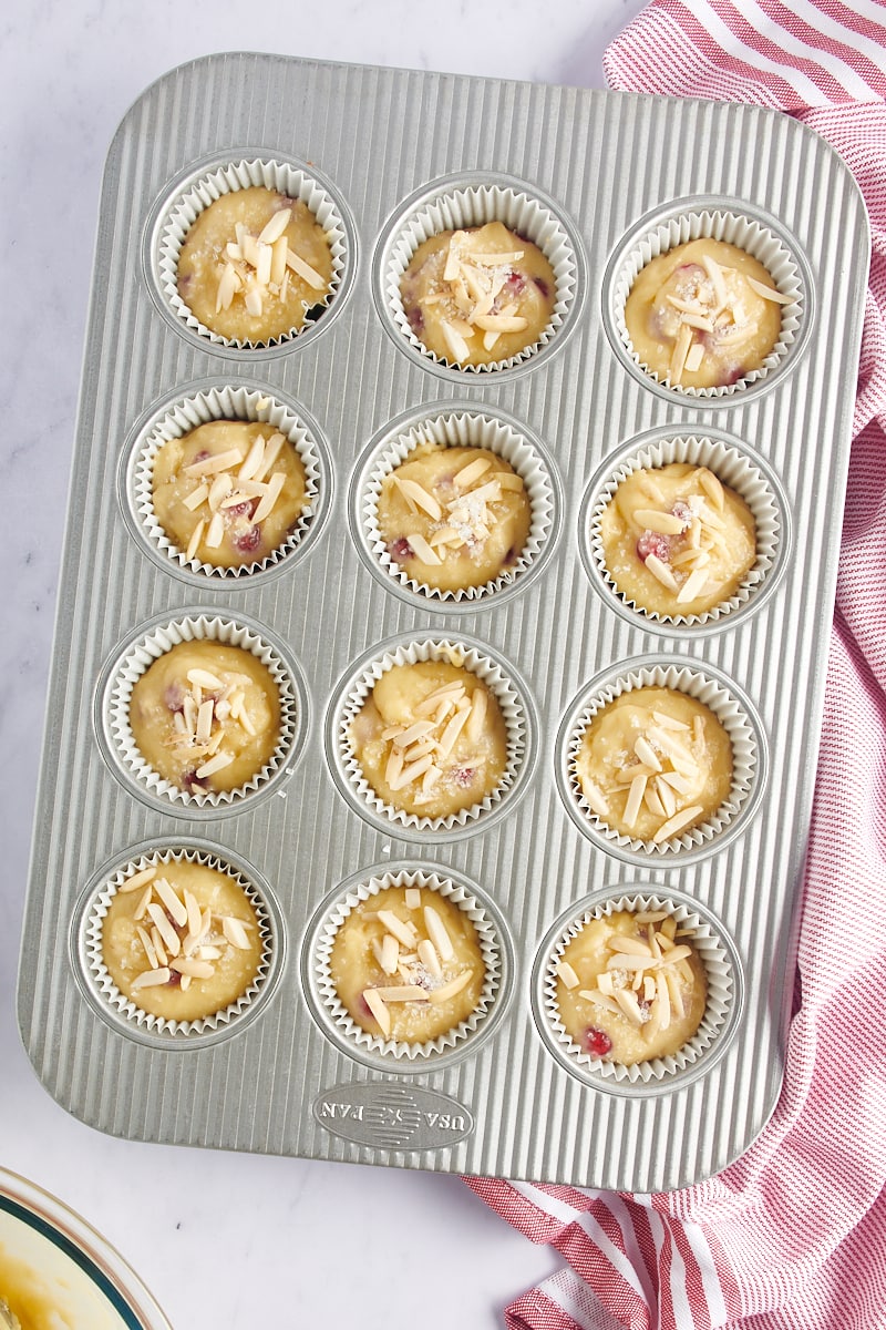 overhead view of Red Currant Muffins in a muffin pan ready to be baked