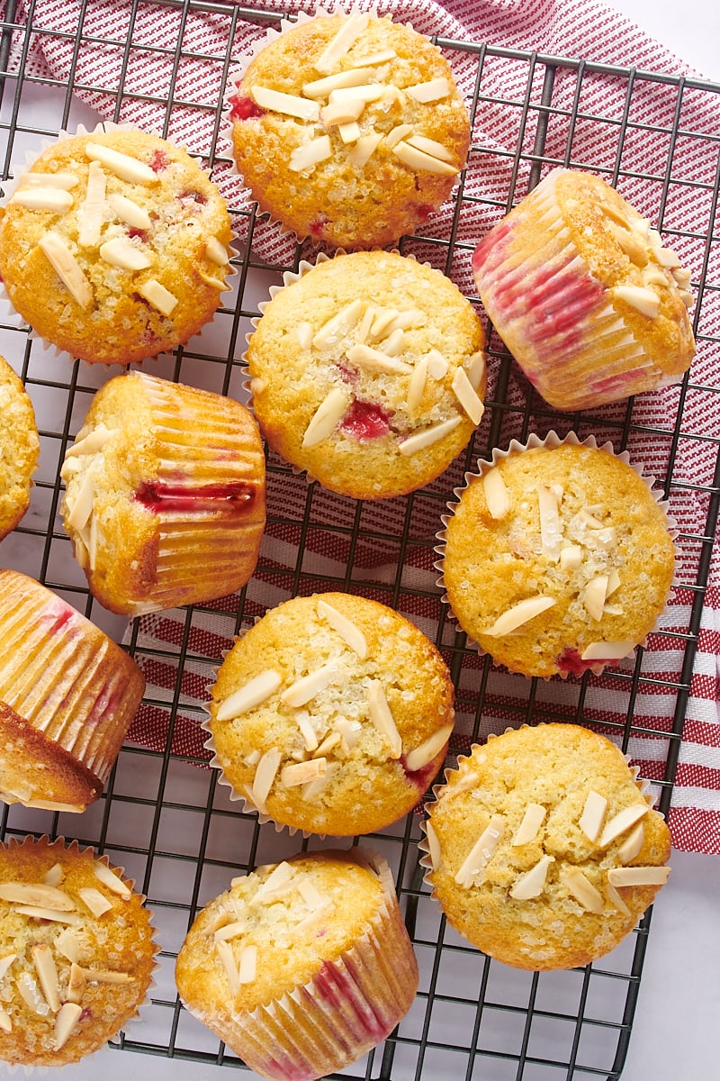 overhead view of Red Currant Muffins on a wire cooling rack