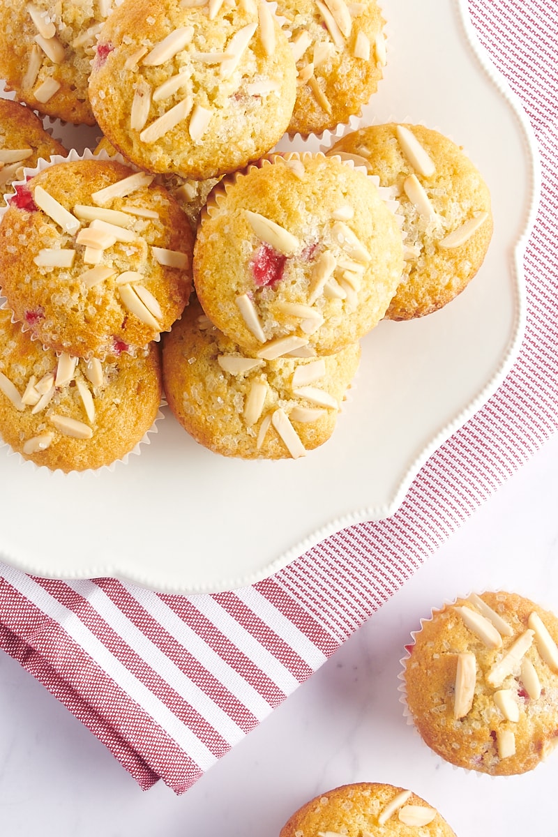 overhead view of Red Currant Muffins on a white plate