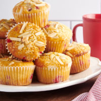 Red Currant Muffins piled on a white plate