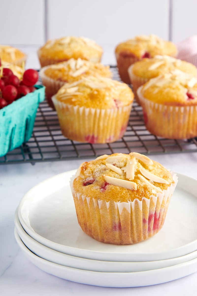 a Red Currant Muffin on a white plate with more muffins on a wire rack behind