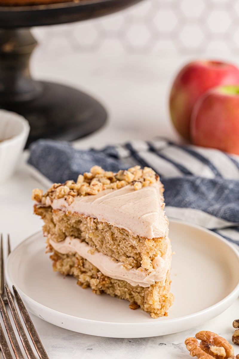 slice of apple spice cake on a white cake plate