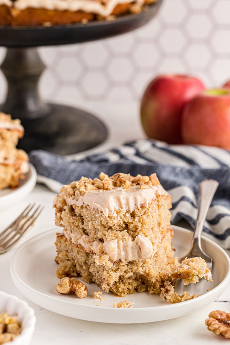 slice of Apple Spice Cake with a bite on a fork