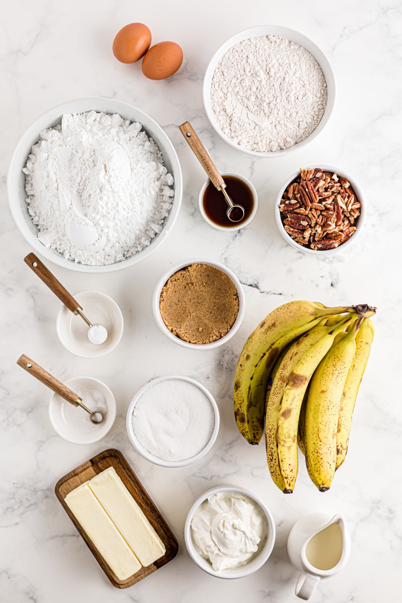 Overhead view of ingredients for banana bars with browned butter icing