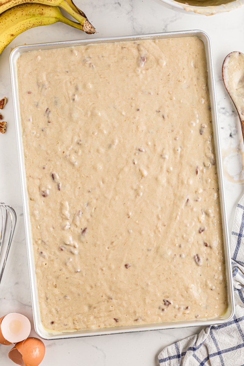 Overhead view of banana bar batter in pan