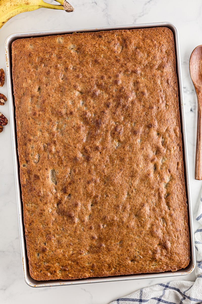 Overhead view of unfrosted banana bars in pan