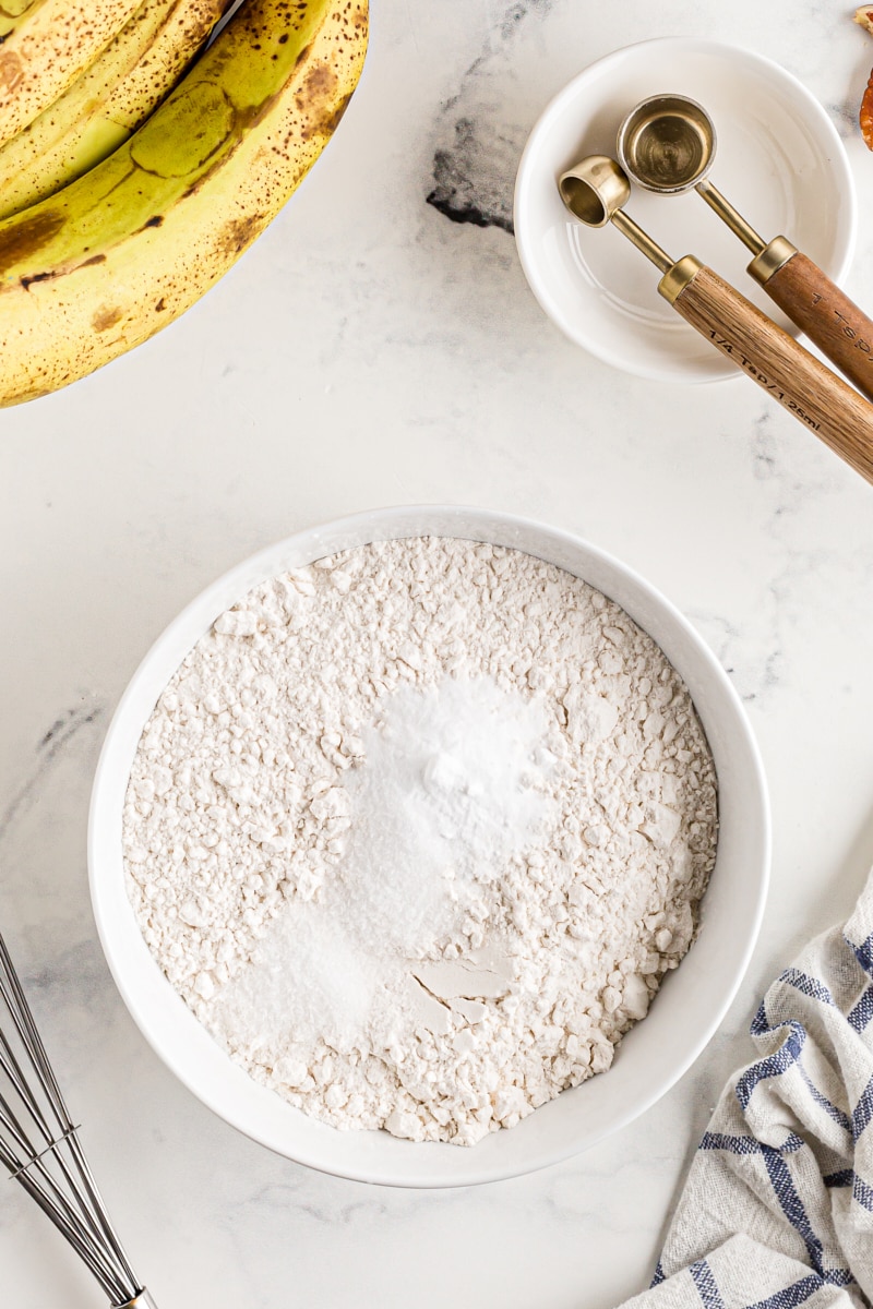 Overhead view of dry ingredients in mixing bowl