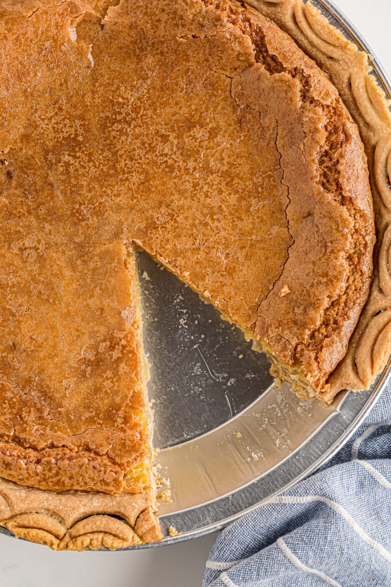 Overhead view of chess pie with slice removed
