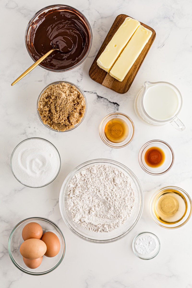 Overhead view of ingredients for chocolate amaretto bundt cake