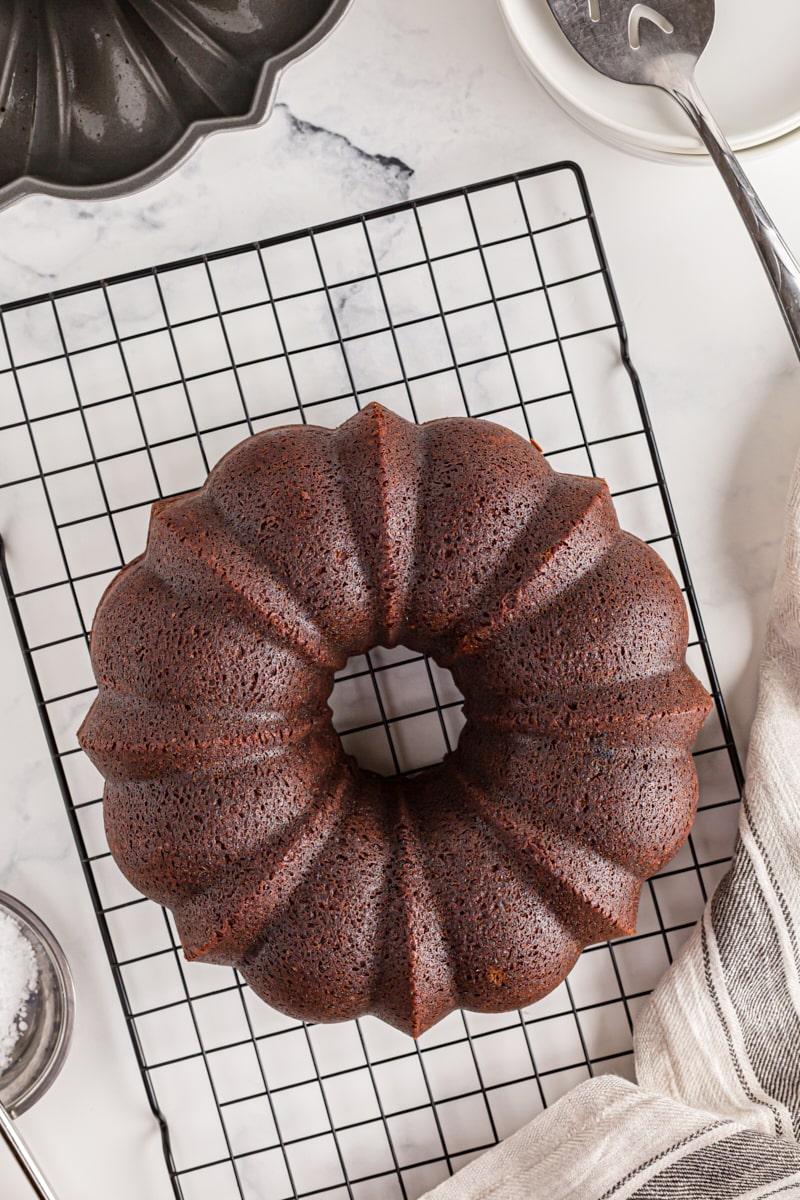 Overhead view of chocolate amaretto bundt cake on cooling rack