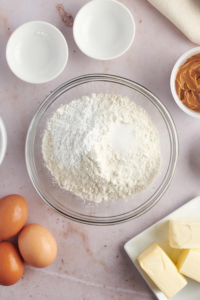 Overhead view of dry ingredients in mixing bowl