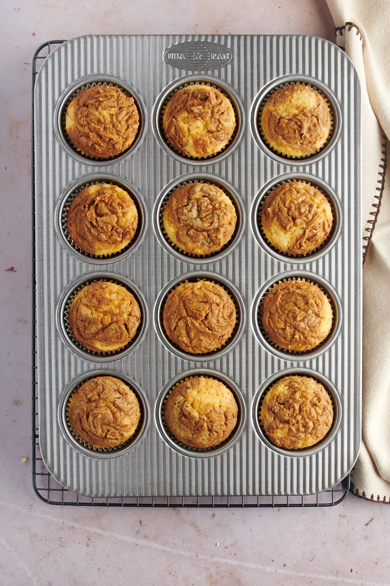 Overhead view of Biscoff cupcakes in pan