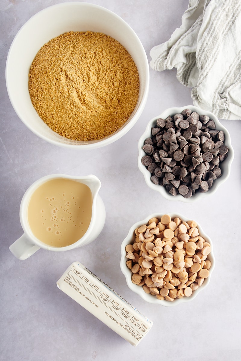 Overhead view of double delicious cookie bar ingredients