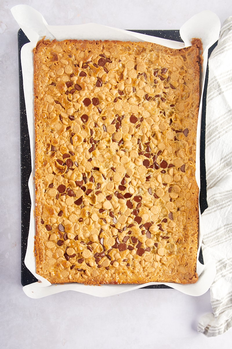 Overhead view of cookie bars before cutting