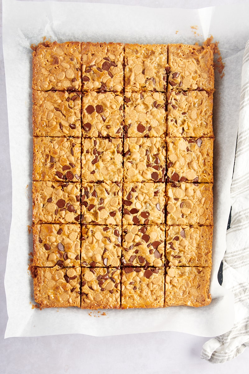 Overhead view of cut cookie bars in pan