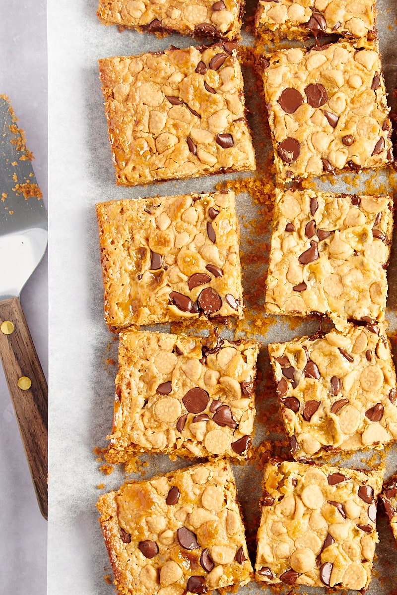 Overhead view of cut cookie bars on parchment paper