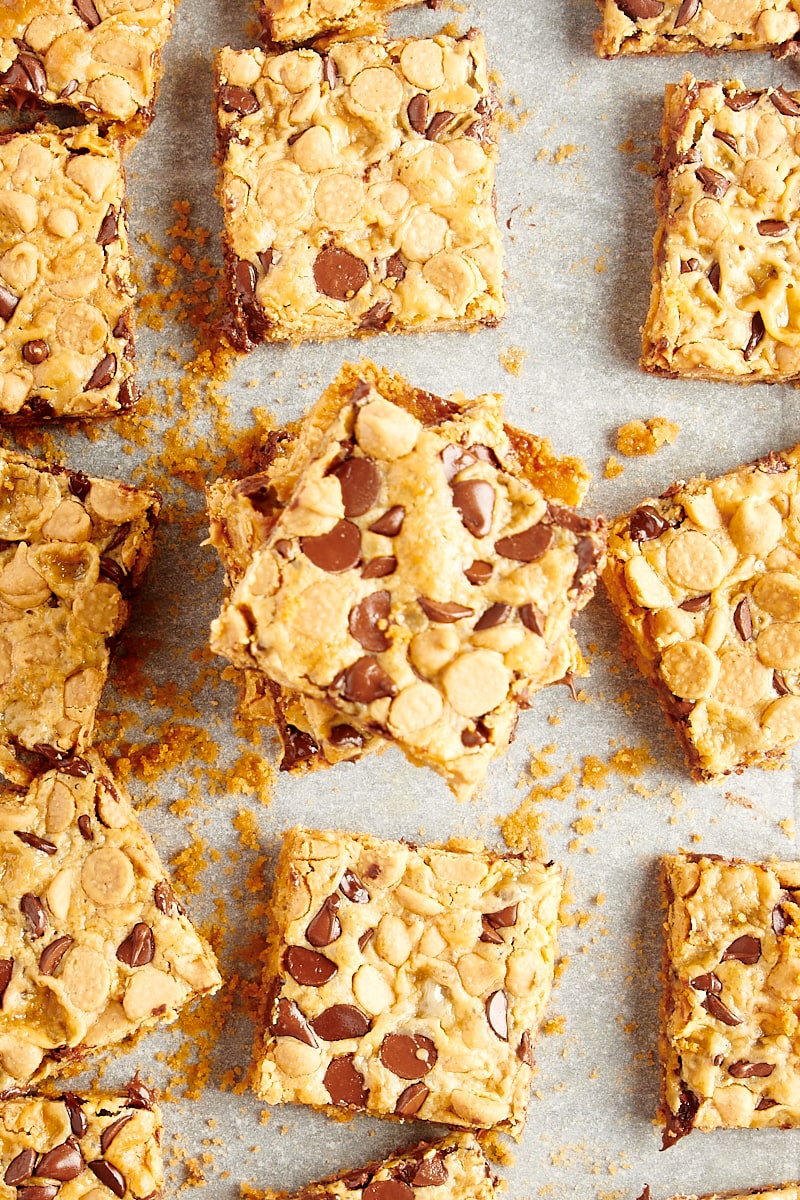 Overhead view of cookie bars on parchment paper