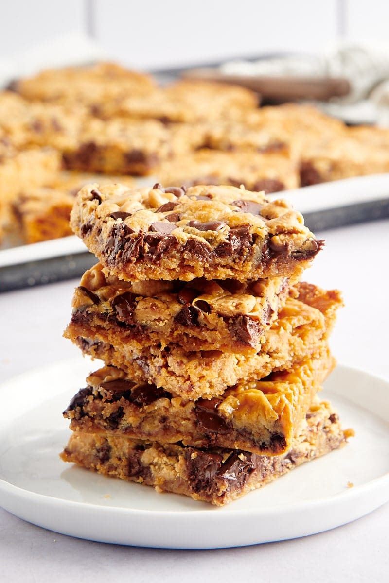 Stack of double delicious cookie bars on plate