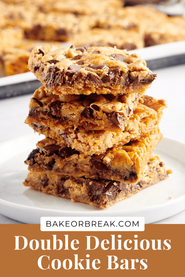 Double Delicious Cookie Bars stacked on a plate.