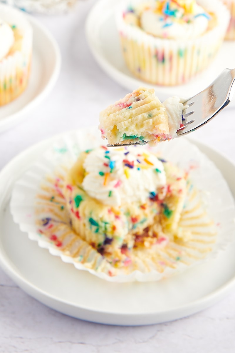 a bite of Mini Funfetti Cheesecake on a fork with the remaining cheesecake in the background