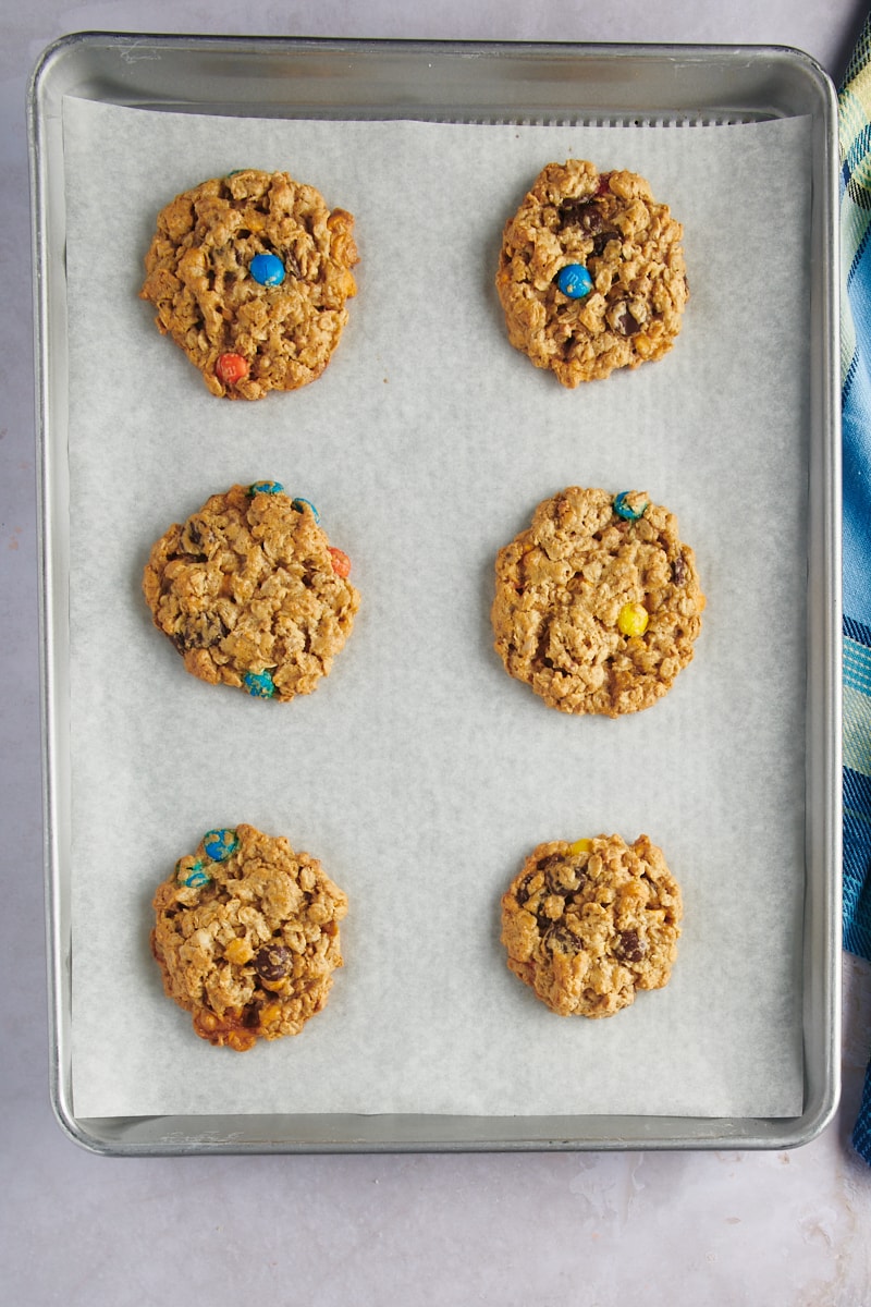 Overhead view of monster cookies on baking sheet