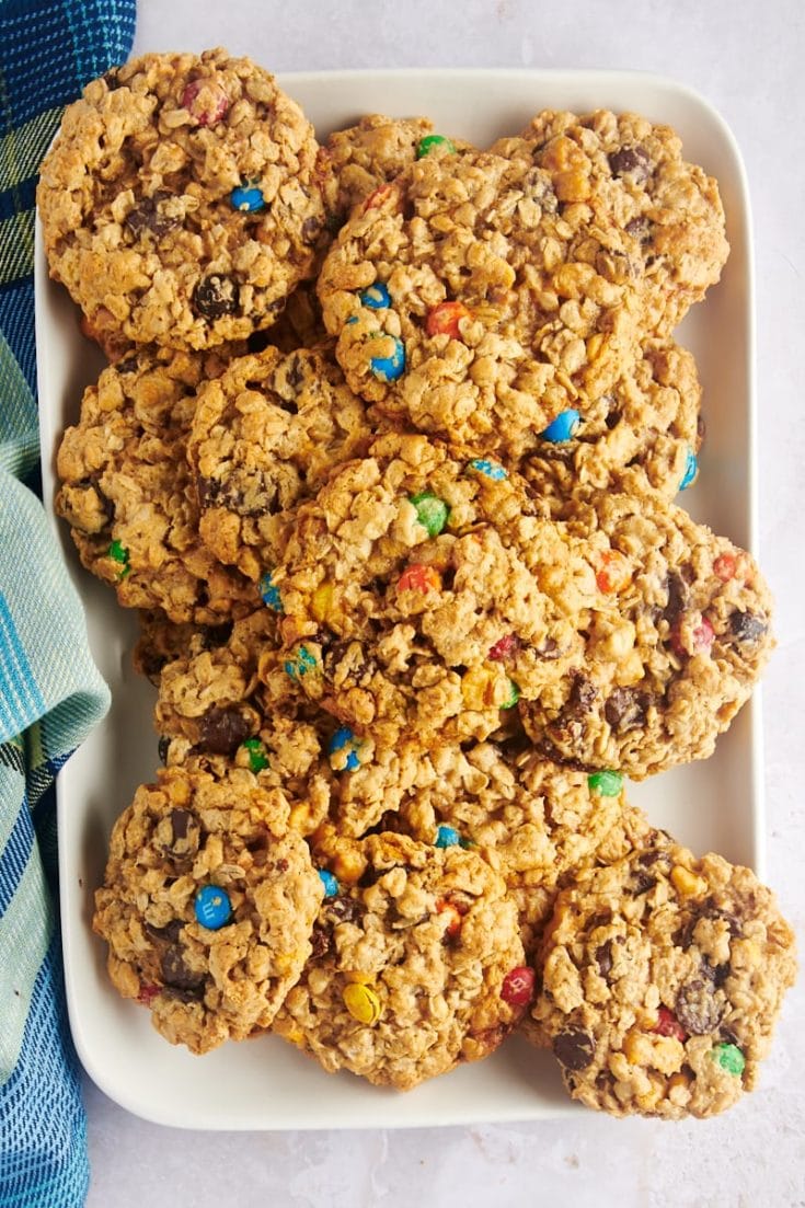Overhead view of monster cookies on platter