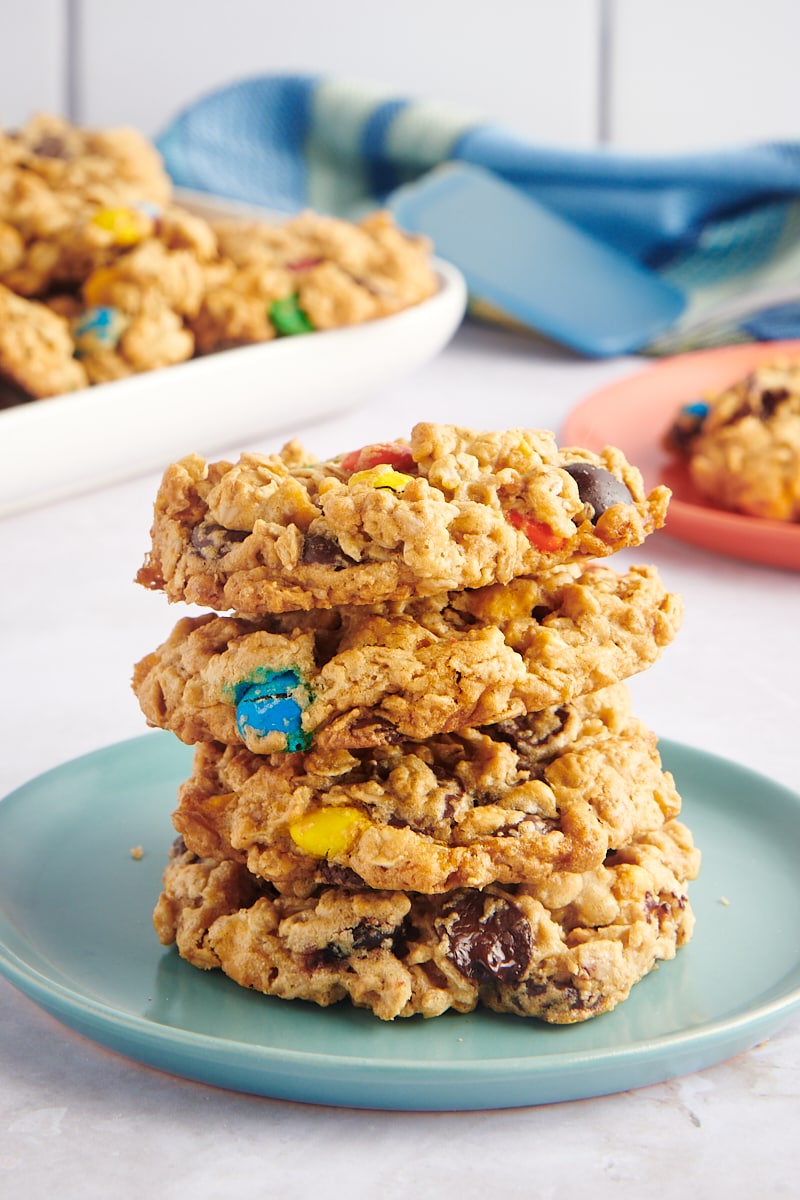 Stack of 4 monster cookies on plate