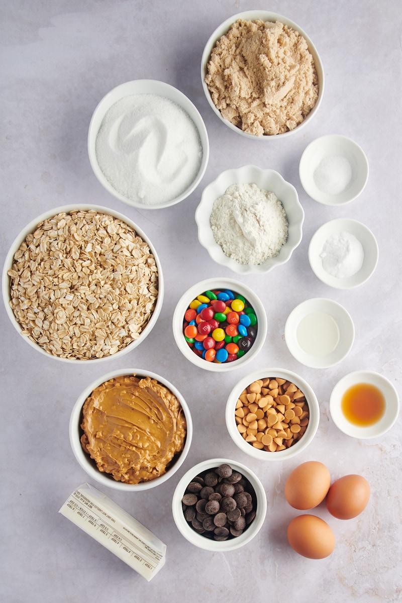 Overhead view of ingredients for monster cookies